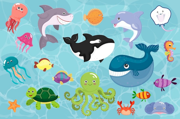 Conjunto de animales del océano Estilo de dibujos animados niños pegatinas de fauna marina Niños infantiles criaturas marinas Tiburón sonriente ballena y delfín Linda tortuga calamar medusa pulpo cangrejo Ilustración vectorial