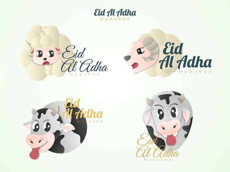 Un conjunto de animales con las palabras eid al al al adha en la parte superior izquierda.