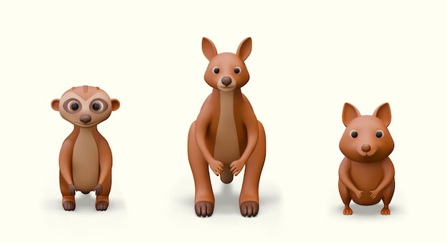 Conjunto de animales salvajes marrones Meerkat canguro quokka Modelos vectoriales de vista delantera