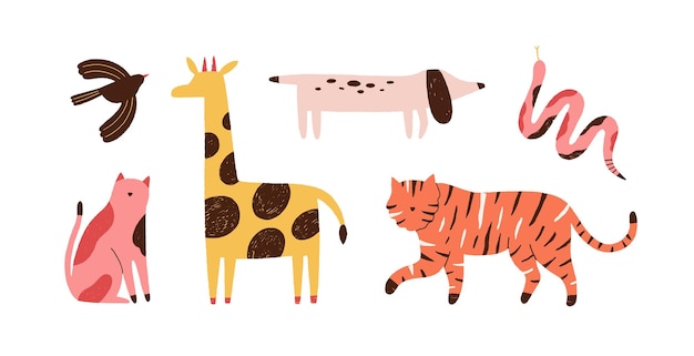 Conjunto de animales salvajes y mascotas de moda abstractos de garabatos. arte contemporáneo moderno y elegante. pájaro, serpiente, jirafa, perro, tigre, gato aislado en blanco. ilustración de dibujos animados de vector plano aislado en blanco.