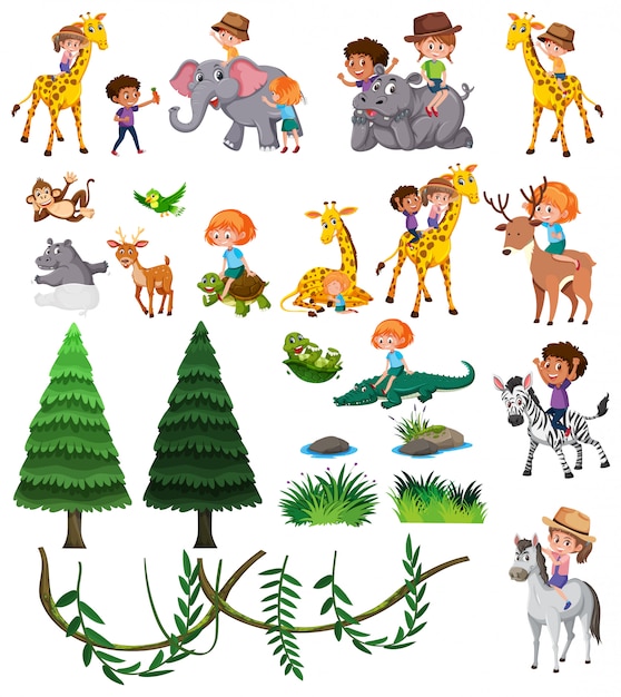 Vector conjunto de animales salvajes y niños.