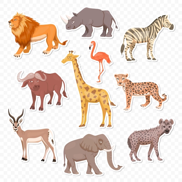 Vector conjunto de animales salvajes de la sabana africana león rinoceronte cebra búfalo jirafa flamenco leopardo gacela elefante hiena ilustración vectorial plana animales de áfrica concepto de safari de sabana