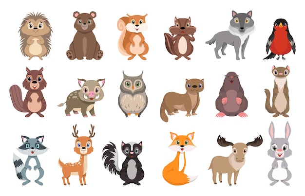 Conjunto de animales silvestres silvestres bebé erizo oso ardilla lobo ratón liebre topo ciervo ilustración vectorial