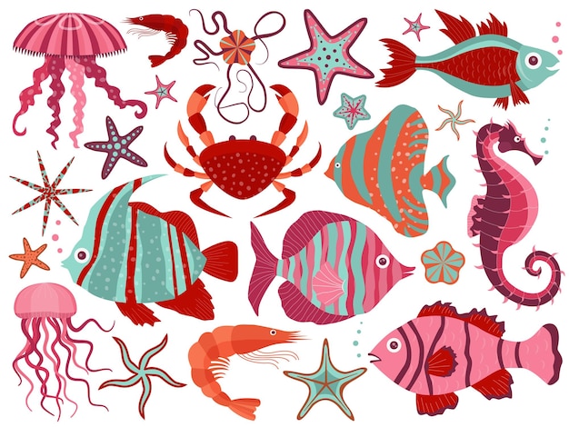 Conjunto de animales submarinos de arrecife de coral