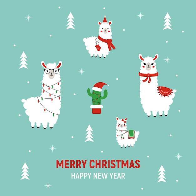 Conjunto de año nuevo de alpaca familiar aislado Ilustración vectorial para el diseño de camisa de tarjeta de Navidad