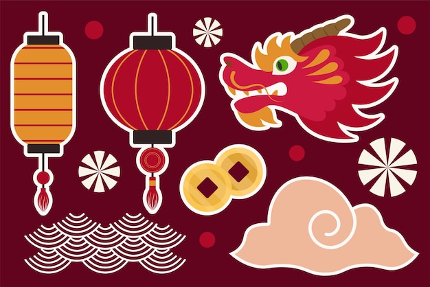 Conjunto para el año nuevo chino o la ilustración vectorial de diseño de celebración tradicional en estilo plano
