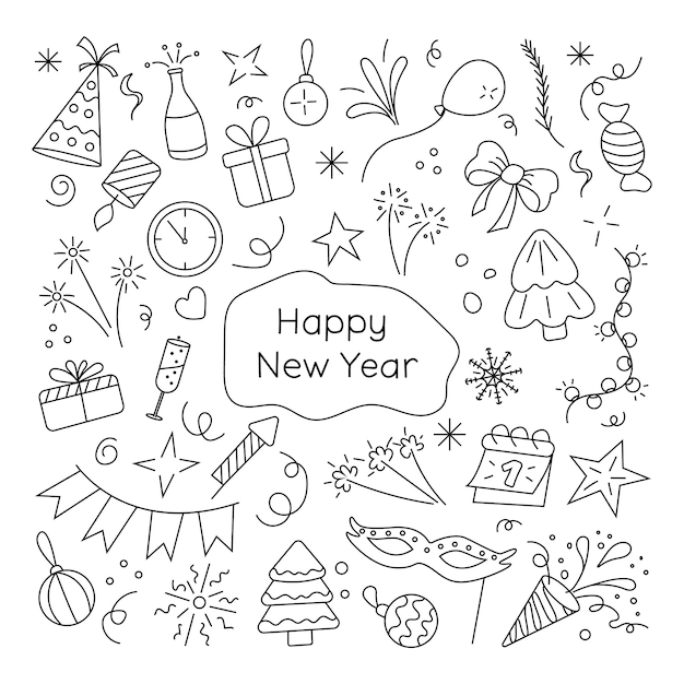 Conjunto de Año Nuevo Ilustración vectorial en estilo doodle Isolado en fondo blanco