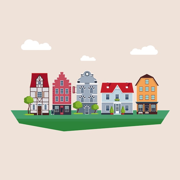 Vector conjunto de antiguas casas medievales de arquitectura tradicional. ilustración vectorial