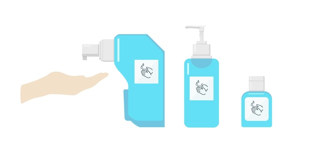 Conjunto de antiséptico azul sobre fondo blanco Ilustración vectorial de botellas de desinfectante de manos Equipo de protección personal higiene en estilo de dibujos animados