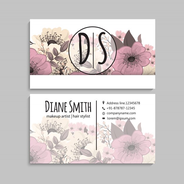 Conjunto de anverso y reverso de tarjeta con flores.