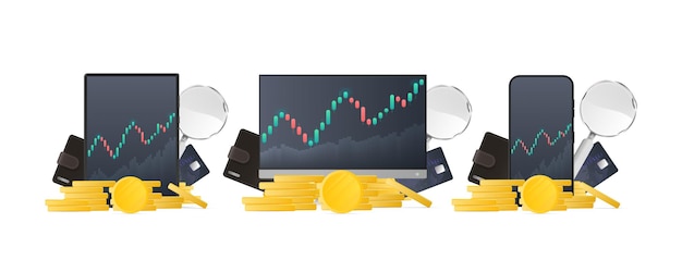 Un conjunto de aparatos con la visualización de cotizaciones bursátiles, monedas de oro, una tarjeta bancaria, una moneda y una lupa. Concepto de negociación de inversión en el mercado de valores. Aislado. ilustración vectorial