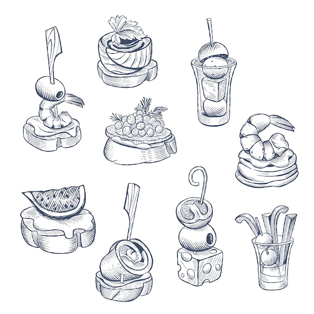 Un conjunto de aperitivos y canapes dibujados a mano en un estilo lineal. Comida de dedos con varios ingredientes Ilustración vectorial