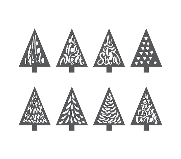 Conjunto de árbol de Navidad con láser lindo. Papel lindo doodle decoración navideña dibujada a mano. Grupo de abeto. Dibujo de doodle abstracto.
