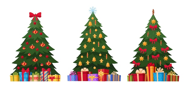 Conjunto de árbol de piel de Navidad Dibujos animados decorados árboles de Navidad verdes con guirnaldas y regalos Colección de ilustración de vector plano de vacaciones de Navidad Árboles de piel verde de Navidad