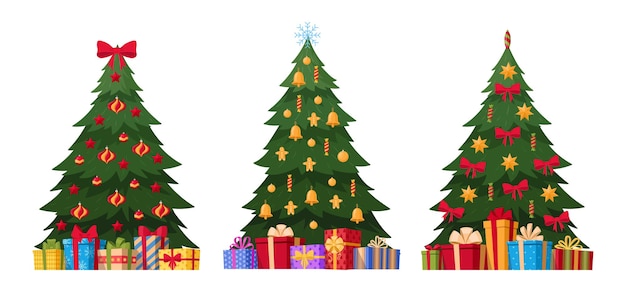 Conjunto de árbol de piel de navidad dibujos animados decorados árboles de navidad verdes con guirnaldas y regalos colección de ilustración de vector plano de vacaciones de navidad árboles de piel verde de navidad