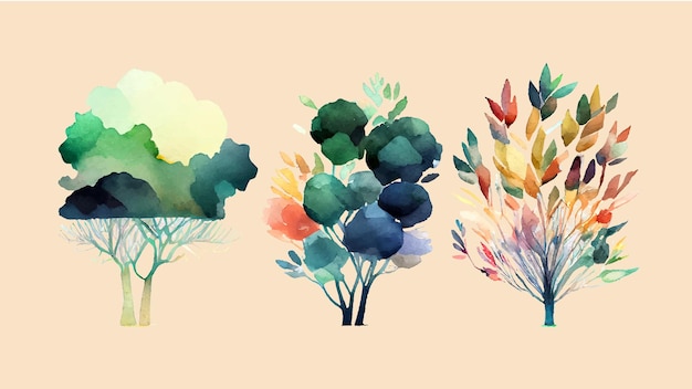 Conjunto de árboles de acuarela Colección de plantas dibujadas a mano