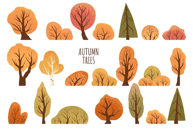 Conjunto de árboles y arbustos amarillos de otoño Arce, abedul, roble, abeto, abeto y arbustos aislados sobre un fondo blanco Ilustración vectorial dibujada a mano del parque Árbol de otoño de otoño
