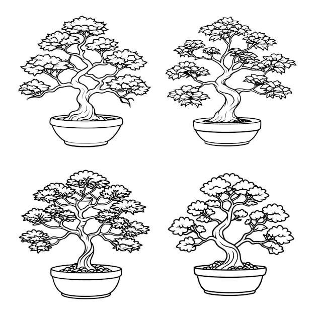 Conjunto de árboles de bonsai en macetas de arte de línea