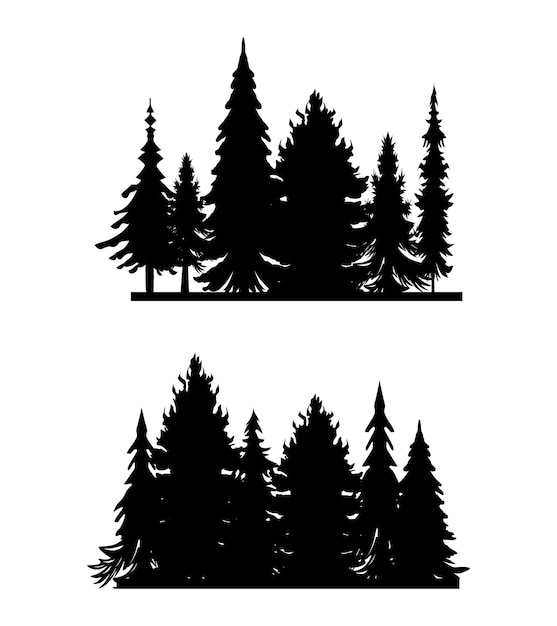 conjunto de árboles de cosecha vectoriales y siluetas forestales