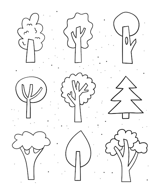 Conjunto de árboles dibujados a mano. Bosquejo de la línea de Doodle. Ilustración vectorial.
