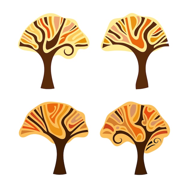 Conjunto de árboles estilizados árboles de otoño aislados sobre fondo blanco