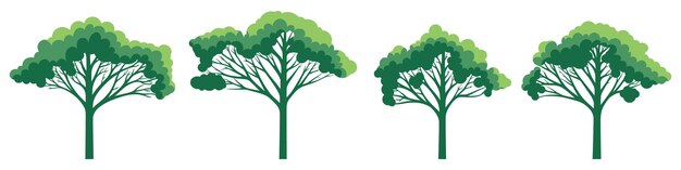 Conjunto de árboles estilizados dibujados aislados en un diseño vectorial de fondo blanco