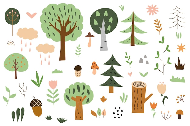 Conjunto de árboles forestales de dibujos animados Conjunto vectorial simple de árboles verdes y elementos de la naturaleza en fondo blanco