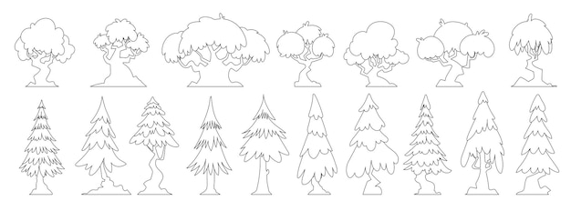 Vector conjunto de árboles forestales de varias formas interesantes iconos de abeto pequeño y grande