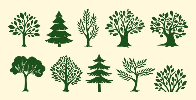 Conjunto de árboles iconos pegatinas con plantas verdes siluetas de roble pino abeto y abeto arbustos con
