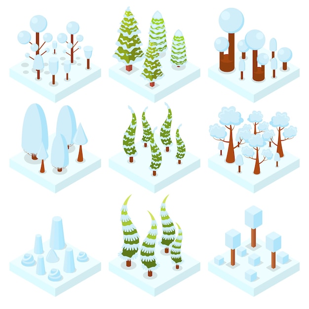 Conjunto de árboles de invierno. Bosque. Área forestal. Elementos 3D isométricos para juegos, mapas. Follaje anaranjado, rojo y amarillo. Ilustración vectorial.