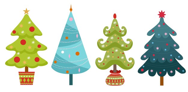 Conjunto de árboles de Navidad aislado sobre fondo blanco. Decoración de año nuevo. conjunto plano de árboles de navidad.