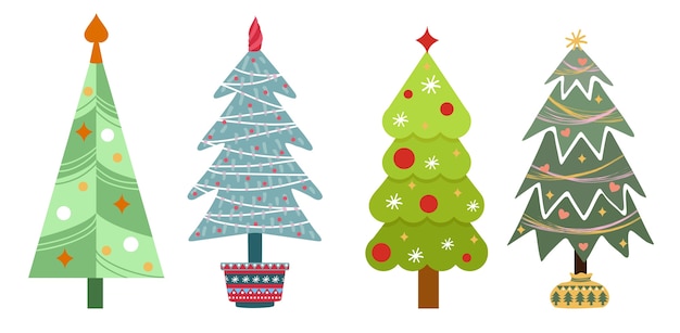 Vector conjunto de árboles de navidad aislado sobre fondo blanco. decoración de año nuevo. conjunto plano de árboles de navidad.