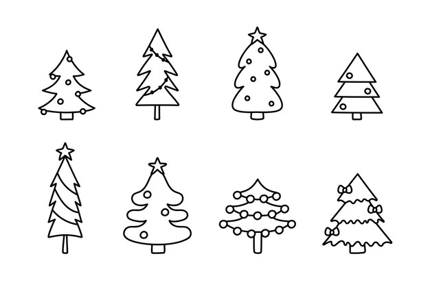 Conjunto de árboles de Navidad árboles de Navidad con bolas estrellas y guirnaldas árbol de Navidad dibujado a mano