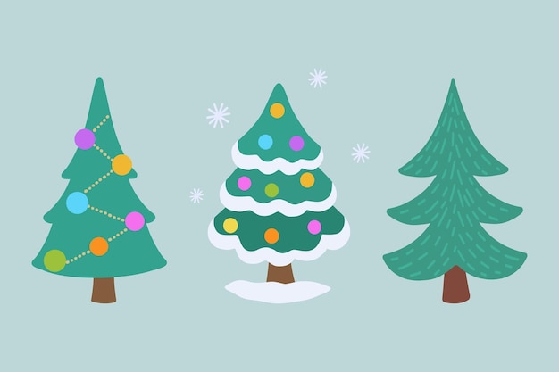 Un conjunto de árboles de Navidad Árboles de Navidad festivos de invierno con decoraciones Años nuevos juguetes copos de nieve