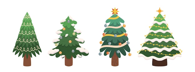 Conjunto de árboles de Navidad decorados Elementos de vacaciones de invierno de dibujos animados para tarjetas de felicitación Invitación Colección de Año Nuevo