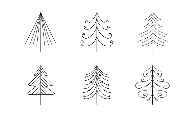 Conjunto de árboles de Navidad dibujados a mano. Decoración de garabatos navideños. Elementos de invierno al estilo escandinavo