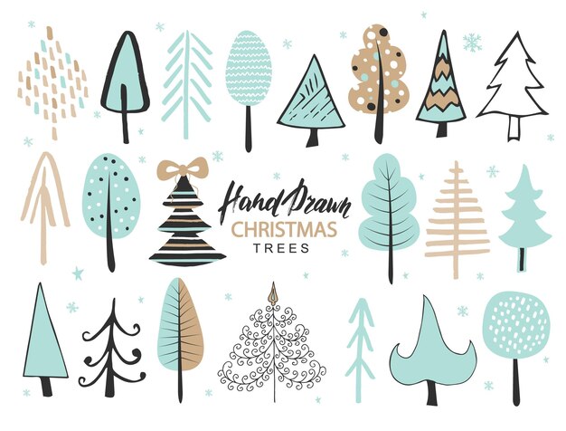 Conjunto de árboles de Navidad dibujados a mano Decoración de vacaciones Elementos aislados Ilustración vectorial