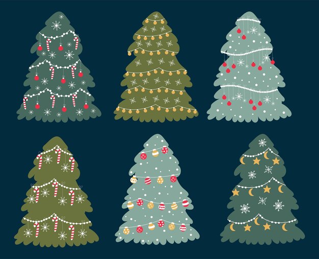 Conjunto de árboles de Navidad dibujados a mano decorados con juguetes de Navidad, luces, bastones de caramelo y copos de nieve.