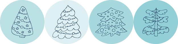 Un conjunto de árboles de navidad dibujados a mano Ilustración vectorial en estilo garabato Estado de ánimo de invierno Hola 2023 Feliz Navidad y Feliz Año Nuevo Elementos azules sobre un fondo azul