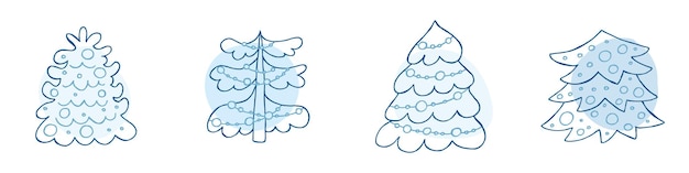 Un conjunto de árboles de navidad dibujados a mano ilustración vectorial en estilo garabato estado de ánimo de invierno hola 2023 feliz navidad y feliz año nuevo elementos azules sobre un fondo blanco