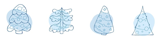Un conjunto de árboles de navidad dibujados a mano Ilustración vectorial en estilo garabato Estado de ánimo de invierno Hola 2023 Feliz Navidad y Feliz Año Nuevo Elementos azules sobre un fondo blanco