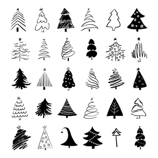 conjunto de árboles de Navidad dibujados a mano. ilustración vectorial