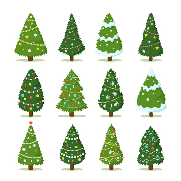 Conjunto de árboles de Navidad de dibujos animados, colección de pinos para tarjeta de felicitación, invitación. Símbolo tradicional de Navidad y año nuevo