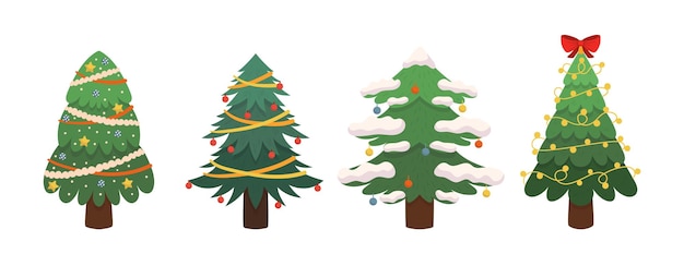 Conjunto de árboles de Navidad de dibujos animados Vacaciones de invierno Pinos aislados para tarjetas de felicitación y diseño de invitaciones Iconos de Año Nuevo