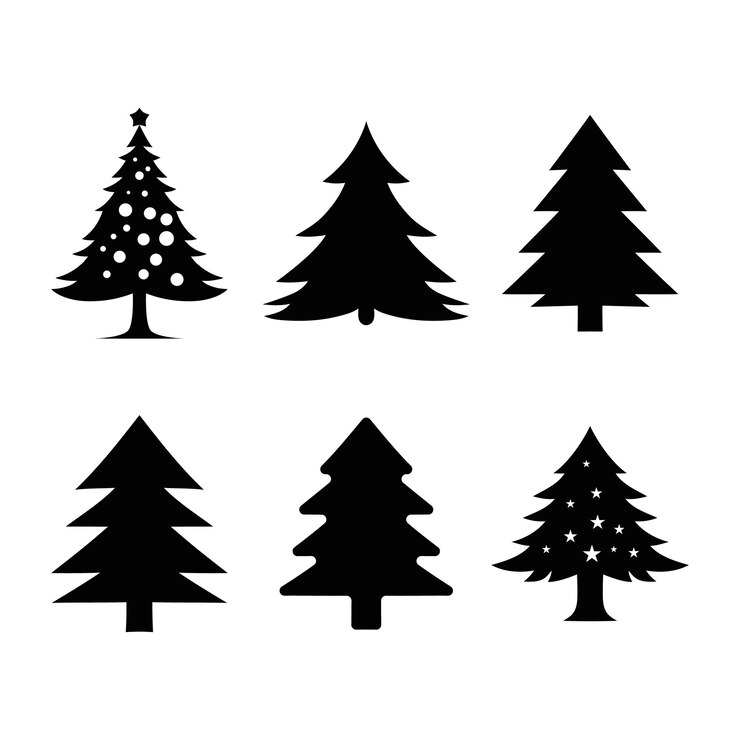 un conjunto de árboles de Navidad con un diseño vectorial de silueta de fondo blanco