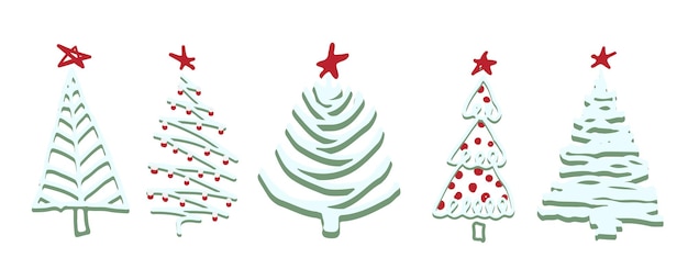 Conjunto de árboles de Navidad Esbozo dibujado a mano patrón de Navidad Doodle silueta infantil arte invierno año nuevo vacaciones abetos elementos de decoración en fondo aislado Ilustración vectorial vintage