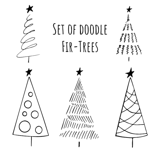 Conjunto de árboles de Navidad estilizados dibujados a mano en estilo doodle. Ilustración vectorial de stock