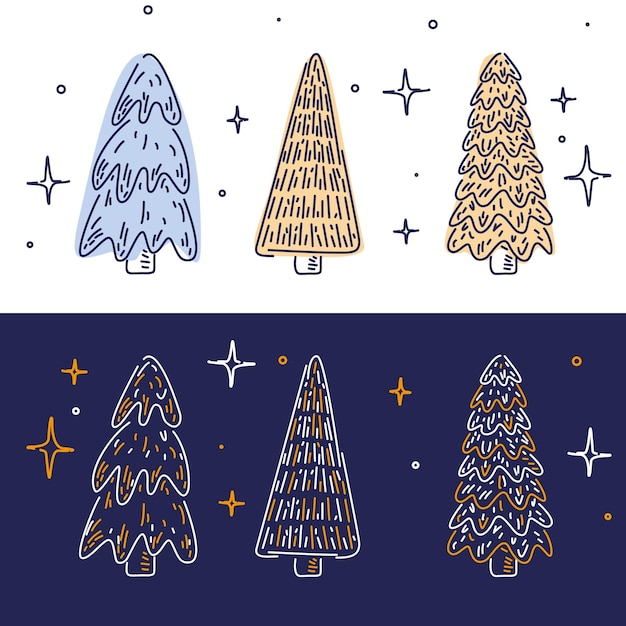 Conjunto de árboles de Navidad en estilo de dibujo Ilustración vectorial