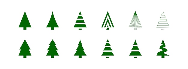 Conjunto de árboles de Navidad iconos verdes Símbolo de signo de Navidad siluetas de árboles de abeto Vector ilustración plana aislada para el diseño de vacaciones