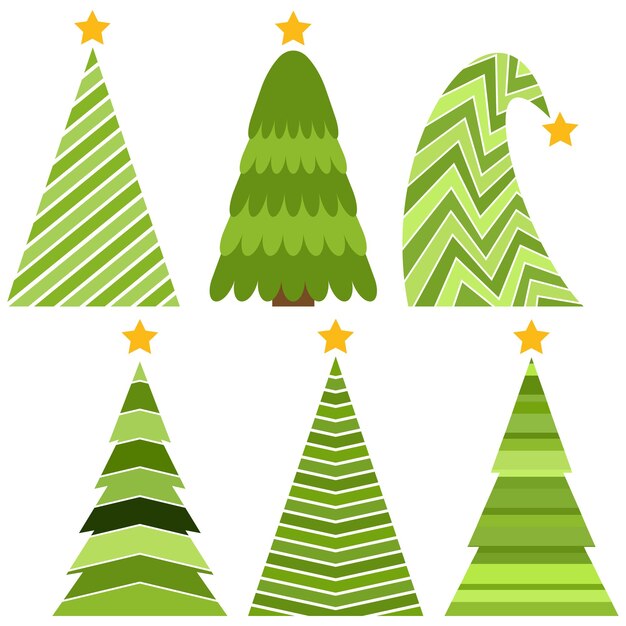 Conjunto de árboles de Navidad. Ilustración de vector aislado de feliz Navidad y próspero año nuevo.